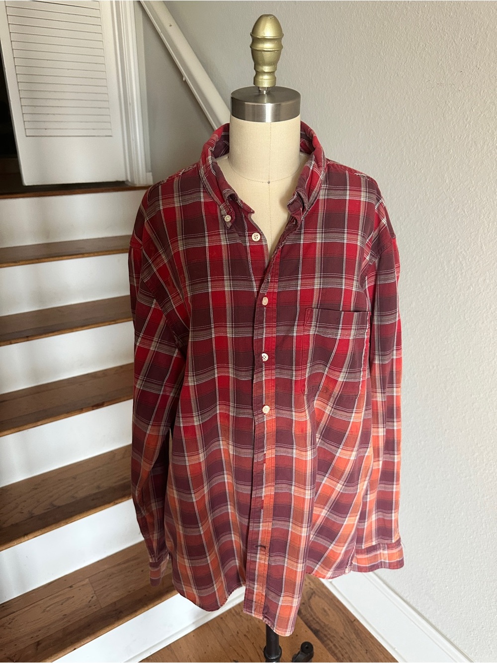 Old Navy Vintage Red Plaid Flannel Ombré Button Down